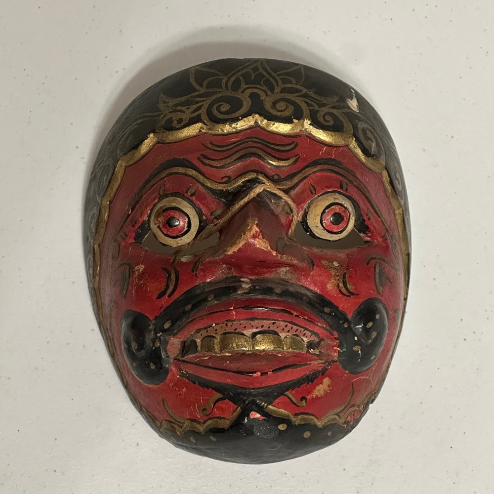 Vintage Hand Carved Balinese Topeng Wood Mask Painted Demon Folk Art Red Gold